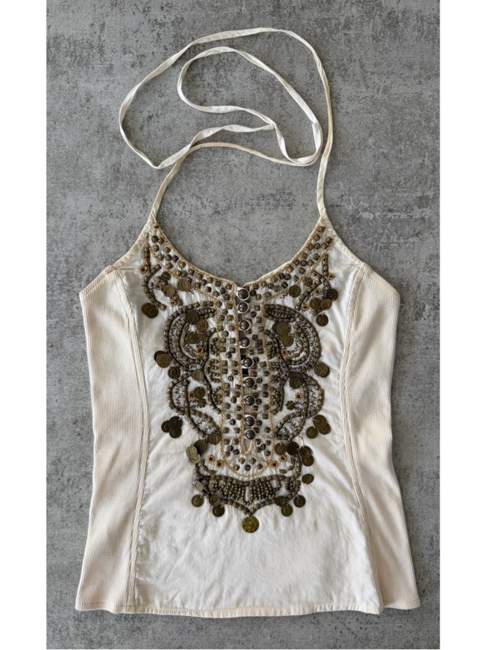 BCBGMaxAzria Cream Halter Camisole with Gold Embellishment